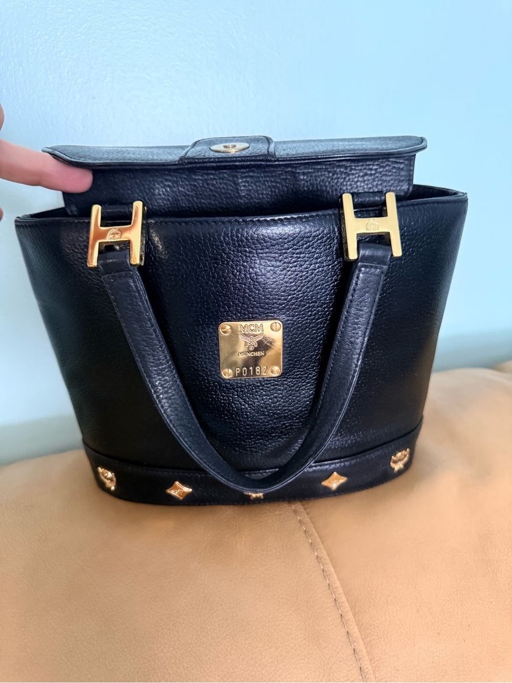 Vintage MCM Mini Bucket Tote | Black Pebbled Leather | Gold Studs |